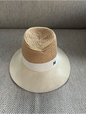 MAISON Michel Wide-Brim Straw & Felt Hat with White Band and 'M' Accent